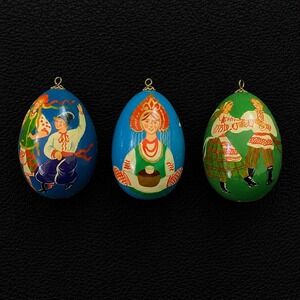 Vintage Hand Painted Russian Slavic Folk Art Wooden Egg Ornaments Set of 3 Blue